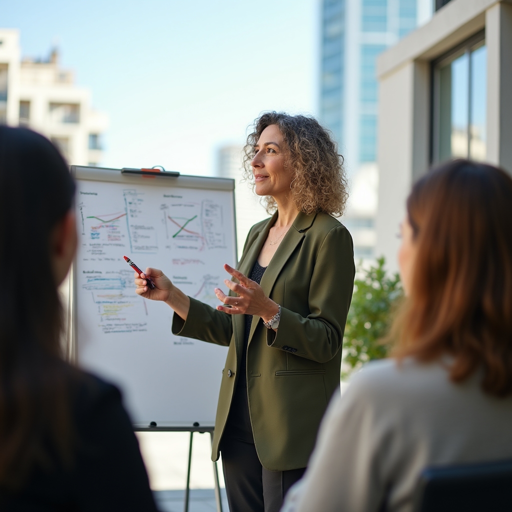 Trainer explicând abordarea pedagogică unui grup de specialiști